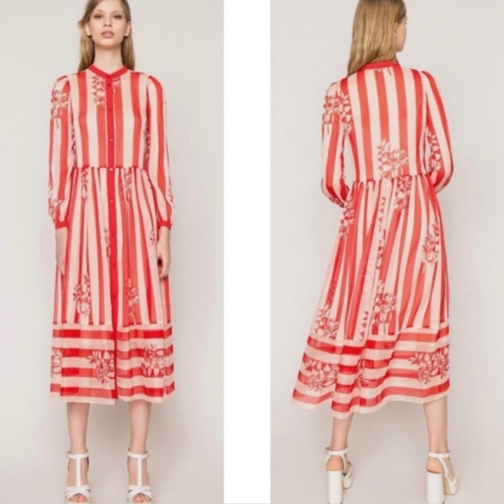 Twinset Shirt Dress Womens 40 Red Striped Floral Sheer Chiffon Button Front Midi